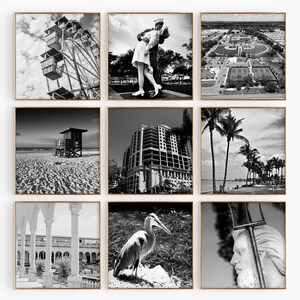 Conjunto minimalista de 9 impresiones cuadradas de Sarasota, Florida. Arte mural de 9 piezas con fotos en blanco y negro de Sarasota, Florida. Galería de viajes con descarga instantánea.