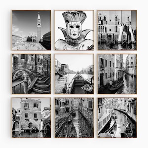 Conjunto minimalista de 9 impresiones cuadradas de Venecia, Italia: fotografía en blanco y negro de Venecia, 9 piezas de arte mural, pósteres de galería de descarga instantánea de viajes.