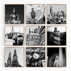 Conjunto minimalista de 9 impresiones cuadradas de Bangkok, Tailandia – Krung Thep, fotografía en blanco y negro, 9 piezas de arte mural, descarga instantánea, galería, pósteres, regalo