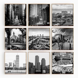 Conjunto minimalista de 9 impresiones cuadradas de Boston, Massachusetts. Fotografía en blanco y negro de Boston, EE. UU., 9 piezas de arte mural. Galería de viajes con descarga instantánea.