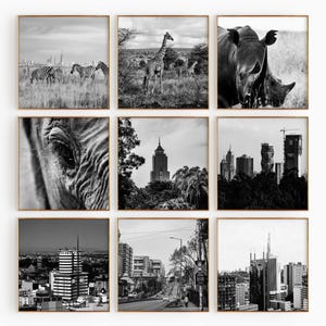 Fotografía en blanco y negro de Nairobi, Kenia. Arte mural de 9 piezas. Conjunto de 9 impresiones de Nairobi, Kenia. Descarga digital de viajes. Pósteres de galería.