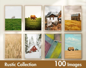 Può includere: Una collezione di fotografie rustiche incorniciate che mostrano diverse scene, tra cui una mucca in un campo, una fattoria in montagna, un fienile in un campo di grano, un campo di erba alta, una capanna rossa in un bosco innevato, un campo di colture colorate e un trattore che trasporta balle di fieno in un campo.
