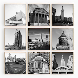 Conjunto de 9 impresiones cuadradas de la ciudad de Cleveland, Ohio – Pósteres de arte mural en blanco y negro de 9 piezas de Cleveland, Ohio, EE. UU. – Galería de fotos con descarga digital
