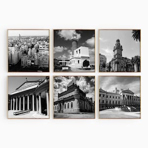 Conjunto minimalista de 6 impresiones cuadradas de Montevideo, Uruguay. Foto en blanco y negro. Arte mural de 6 piezas. Pósters de galería de descarga instantánea para viajes. Regalo.