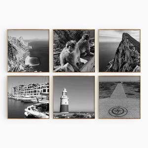 Fotografía en blanco y negro de Gibraltar Square, 6 piezas, arte de pared imprimible, conjunto de 6 impresiones, territorio británico de ultramar, descarga digital, galería, regalo