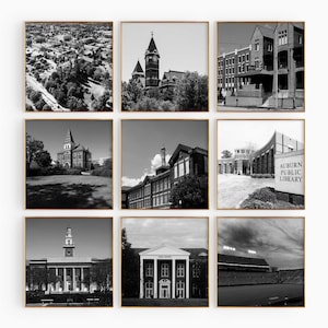 Auburn Alabama vierkante zwart-witfoto 9-delige muurkunst – Auburn University set van 9 prenten – reizen digitale download posters cadeau