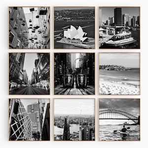 Conjunto de 9 impresiones de Sídney, Australia. Nueva Gales del Sur: pósteres de arte mural en blanco y negro de 9 piezas. Galería de fotos con descarga digital.