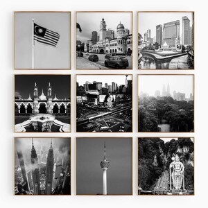 Conjunto de 9 impresiones cuadradas de la ciudad de Kuala Lumpur, Malasia. Pósteres de arte mural en blanco y negro de 9 piezas de Kuala Lumpur. Galería de fotos con descarga digital.