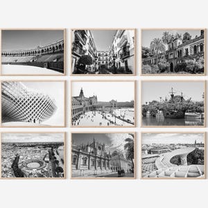 Seville Spanien Minimalistisches Set mit 9 Landschaftsdrucken - Seville Schwarzweißfoto 9-teiliger Wandkunst-Reise-Sofortdownload-Galerieposter