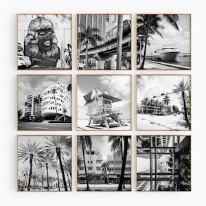 Conjunto de 9 impresiones de la ciudad de Miami, Florida – Pósteres de arte mural en blanco y negro de 9 piezas de Miami, Florida, EE. UU. – Descarga digital, galería de fotos, regalo
