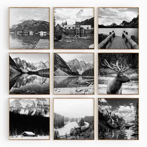 Fotografía en blanco y negro de Banff, Canadá. Arte mural de 9 piezas. Alberta, Canadá. Conjunto de 9 impresiones. Pósteres de galería de descarga digital de viajes.