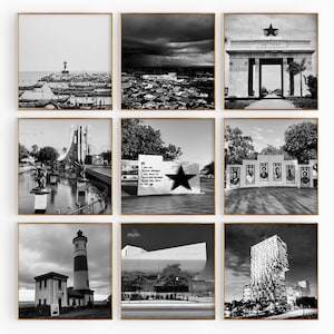 Conjunto de 9 impresiones de la ciudad de Accra, Ghana. Pósteres de arte mural en blanco y negro de 9 piezas de Accra, Ghana, África. Descarga digital. Galería de fotos. Regalo.