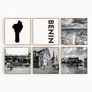 Benin Square Fotografía en blanco y negro 6 piezas de arte de pared – Conjunto de impresión de mapas de Benin de 6 impresiones – Galería de descarga digital carteles conjunto de decoración de pared