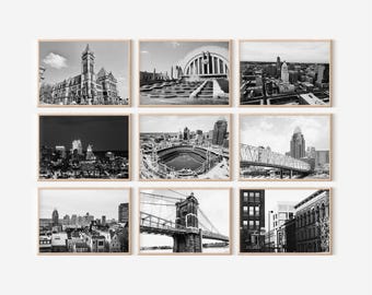 Cincinnati Ohio Minimalist Set of 9 Landscape Prints – OH US Black and White Photo 9 Piece Wall Art Travel Instant Download Gallery Posters|