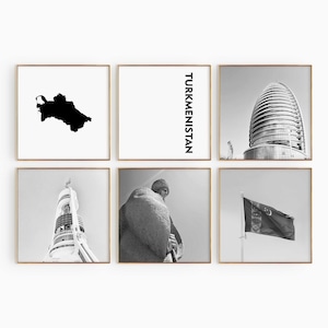 Turkmenistán Square Fotografía en blanco y negro 6 piezas arte de pared – Juego de impresión de mapas de 6 impresiones – Galería de descarga digital carteles decoración de pared