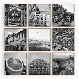 Conjunto de 9 impresiones de la ciudad de Jaipur, India. Pósteres de arte mural en blanco y negro de 9 piezas de Jaipur, Rajastán, India. Galería de fotos con descarga digital.