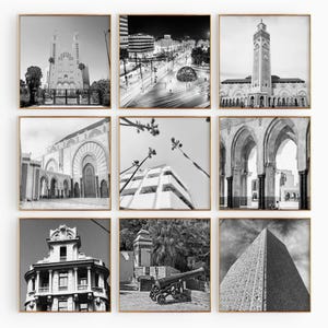 Conjunto minimalista de 9 impresiones cuadradas de Casablanca, Marruecos. Foto en blanco y negro. Arte mural de 9 piezas. Pósteres de galería de viaje con descarga instantánea. Regalo.