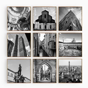 Conjunto minimalista de 9 impresiones cuadradas de Bolonia, Italia. Fotografía en blanco y negro de Bolonia, Italia. Arte mural de 9 piezas. Pósteres de viaje con descarga instantánea.