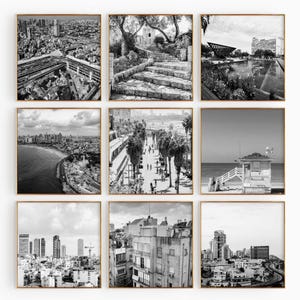 Tel Aviv-Yafo Israël, ensemble minimaliste de 9 impressions carrées - Photo en noir et blanc 9 pièces d'art - Posters de la galerie de voyage à téléchargement immédiat
