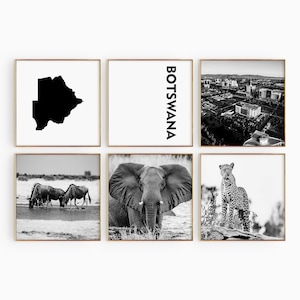 Botswana Square Conjunto de 6 fotografías en blanco y negro – Impresión de mapas Botswana 6 piezas de arte de pared – África Galería de descargas digitales Home Decor Gift Set