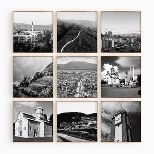 Conjunto minimalista de 9 impresiones cuadradas de Kosovo: arte mural fotográfico en blanco y negro de 9 piezas. Pósters de galería de decoración de apartamentos con descarga instantánea para viajes.