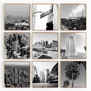 Conjunto de 9 impresiones de la ciudad de Los Ángeles, California - LA CA, EE. UU., pósteres de arte mural en blanco y negro de 9 piezas, descarga digital, galería de fotos, regalo