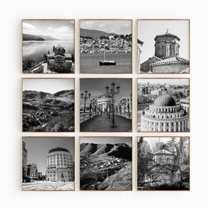 Fotografía minimalista en blanco y negro de Macedonia del Norte, 9 piezas de arte de pared: juego de 9 impresiones de mapas, descarga digital, póster decorativo de pared