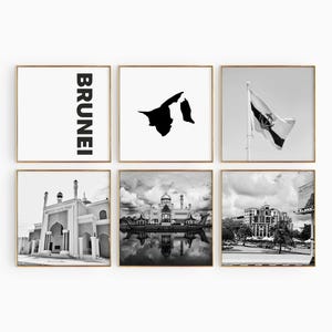 Fotografía en blanco y negro de la plaza de Brunei, 6 piezas de arte de pared – Juego de 6 impresiones con mapa de Brunei – Pósteres de galería con descarga digital para decoración de pared