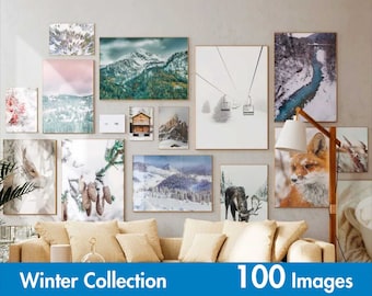 Conjunto de 100 impresiones de invierno - Conjunto de arte de pared de invierno - Póster de fotografía imprimible de la galería de Navidad - Foto de paisaje nevado - Decoración del hogar de invierno