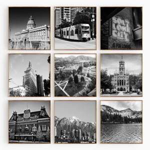 Conjunto minimalista de 9 impresiones cuadradas de Salt Lake City, Utah. Fotografía en blanco y negro de UT, EE. UU., arte de pared de 9 piezas. Descarga instantánea de viajes. Galería de regalos.
