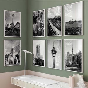 Lot de 8 affiches de villes d&#39;Auckland, Nouvelle-Zélande – 8 affiches d&#39;art murales en noir et blanc d&#39;Auckland, Nouvelle-Zélande – Galerie de photos en téléchargement numérique