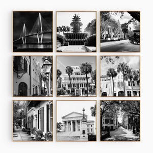 Arte de pared imprimible de 9 piezas con foto cuadrada en blanco y negro de Charleston, Carolina del Sur (SC, EE. UU.) - Conjunto de 9 impresiones - Galería de descargas digitales de moda