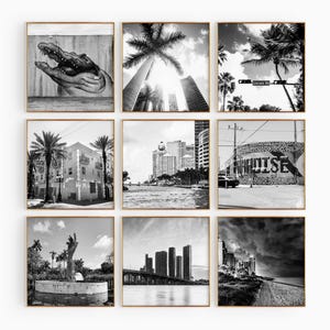 Conjunto minimalista de 9 impresiones cuadradas de Miami, Florida. Arte mural de 9 piezas con fotos en blanco y negro de Miami, EE. UU. – Pósters de galería de viajes con descarga instantánea.