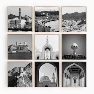 Conjunto minimalista de 9 impresiones cuadradas de Mascate, Omán. Fotografía en blanco y negro de 9 piezas de arte mural de Mascate, Omán. Pósters de galería de descarga instantánea de viajes.