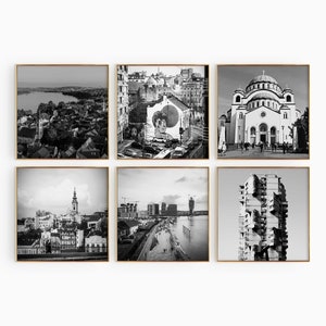 Belgrado Serbia Conjunto minimalista de 6 impresiones cuadradas – Foto en blanco y negro de Serbia Arte de pared de 6 piezas – Carteles de la galería de descarga instantánea de viajes