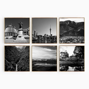 Fotografía cuadrada en blanco y negro de Nueva Zelanda, arte de pared de 6 piezas – Conjunto de impresión de mapas de Nueva Zelanda de 6 impresiones – Galería de descarga digital Decoración de pared