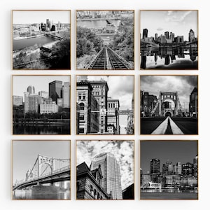 Arte de pared imprimible de 9 piezas con foto en blanco y negro de Pittsburgh, Pensilvania (EE. UU.) - Conjunto de 9 fotos, galería de descarga digital moderna, regalo