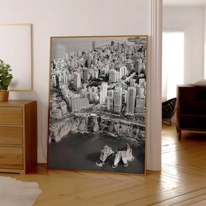 Svartvitt fotoverk med utsikt över Beirut, Libanon, utskrivbart väggkonst – Trendigt digitalt nedladdningsbart vardagsrum med galleriposter, present |