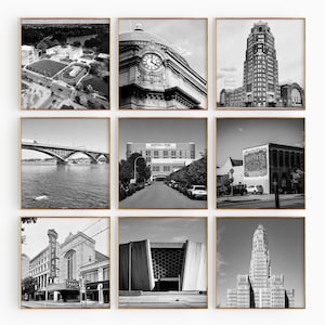 Conjunto minimalista de 9 impresiones cuadradas de Buffalo, Nueva York. Fotografía en blanco y negro de Nueva York, EE. UU., 9 piezas de arte mural. Pósters de galería de descarga instantánea de viajes.