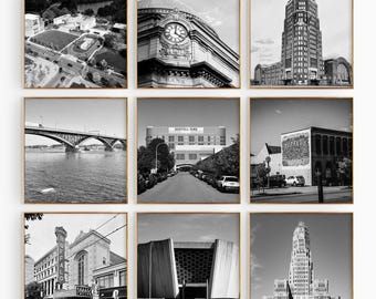 Buffalo New York Minimalist Set of 9 Square Prints – NY USA Black and White Photo 9 Piece Wall Art Travel Instant Download Gallery Posters |