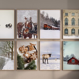 May include: A collage of eight framed winter-themed photographs. The images include a snowy forest, a horse-drawn carriage, a train in the snow, a gingerbread cookie, a reindeer, a snowy canal, a building with snow on the roof, and a red cabin in the snow.