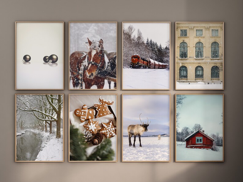 May include: A collage of eight framed winter-themed photographs. The images include a snowy forest, a horse-drawn carriage, a train in the snow, a gingerbread cookie, a reindeer, a snowy canal, a building with snow on the roof, and a red cabin in the snow.