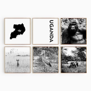 Uganda Square Fotografía en blanco y negro 6 piezas de arte de pared – Uganda Map Print Set de 6 impresiones – Galería de descarga digital carteles decoración de pared