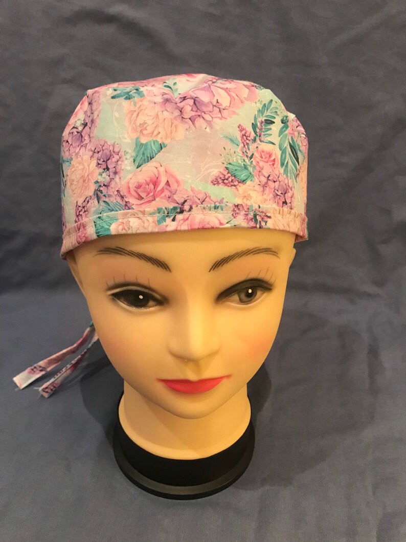 Matilda pink floral scrub hat scrub cap \u2013 short hair tie back