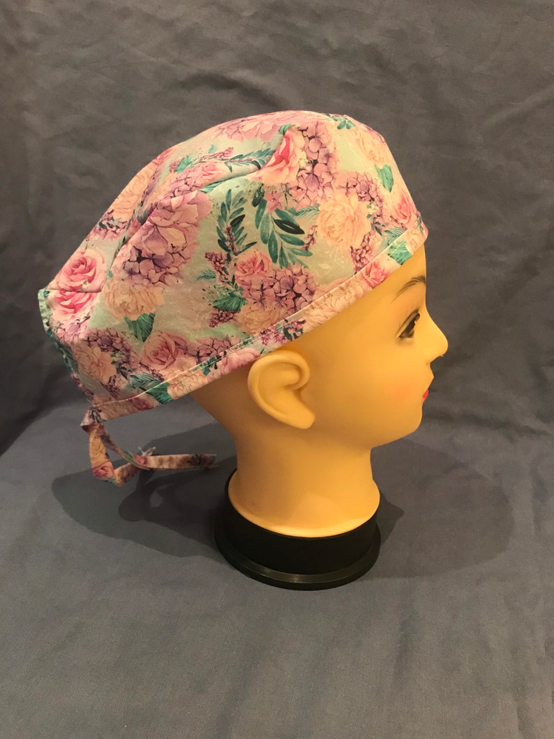 Matilda pink floral scrub hat scrub cap \u2013 short hair tie back