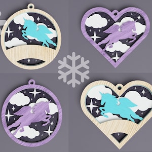 Unicorn Christmas Ornament Bundle laser cut file, Christmas Ornament SVG, pdf, ai, dwg, dxf, eps, layered ornament