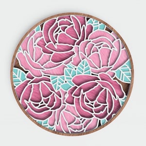 Peony Laser Cut File, Layered Flowers In A Frame For Laser Cutting, Layered Floral SVG