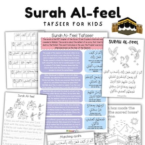 Puede incluir: Una hoja de trabajo imprimible para niños para aprender sobre la historia islámica del elefante, la sura Al-Feel. La hoja de trabajo presenta una ilustración colorida de un elefante, una mezquita y texto árabe. La hoja de trabajo incluye actividades como hacer coincidir las aleyas, trazar el texto árabe y colorear.