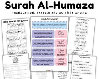 Surah Al-Humazah Tafseer Workbook | Quran Translation & Word-by-Word Meaning | Islamic Activity Book for Kids | Printable PDF