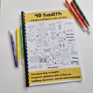 May include: A yellow and black book titled "40 hadith" with the subtitle "engaging worksheets with activities". The book is open to a page featuring several black and white illustrations of Islamic themes, including a mosque, a crescent moon, and Arabic text. The book is designed to introduce children to Islamic teachings.